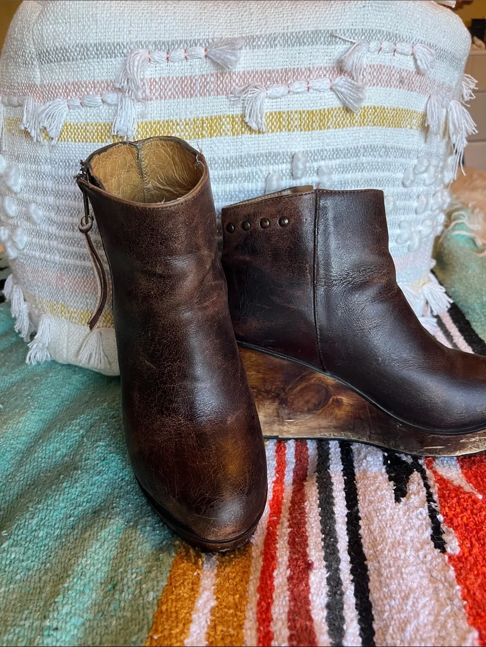 Bed Stu Brown Leather Studded Wedge Ankle Boots